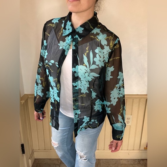 Croft & Barrow Sheer Mesh Floral Blouse Black Y2K Grunge Fairycore XL Whimsigoth - Picture 2 of 10